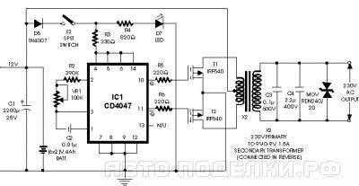 Простой инвертор (12В -230В, 100Вт) на CD4047 и RF540
